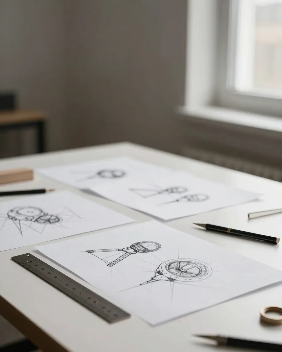 Editorial photograph of a design work table with sketches, a metal ruler, and fine drawing tools, soft neutral daylight
