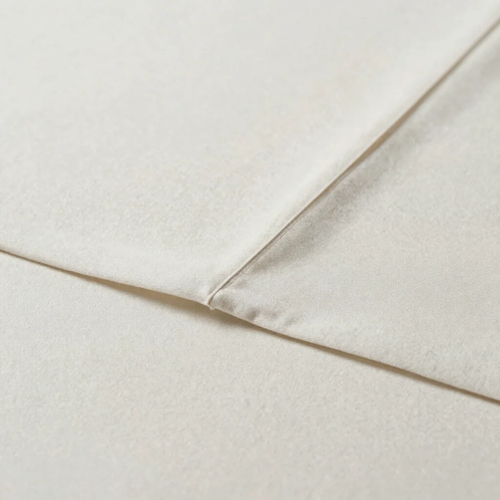 Editorial photography, soft neutral daylight, close view of a finished garment seam and fabric weave on a plain warm-whi