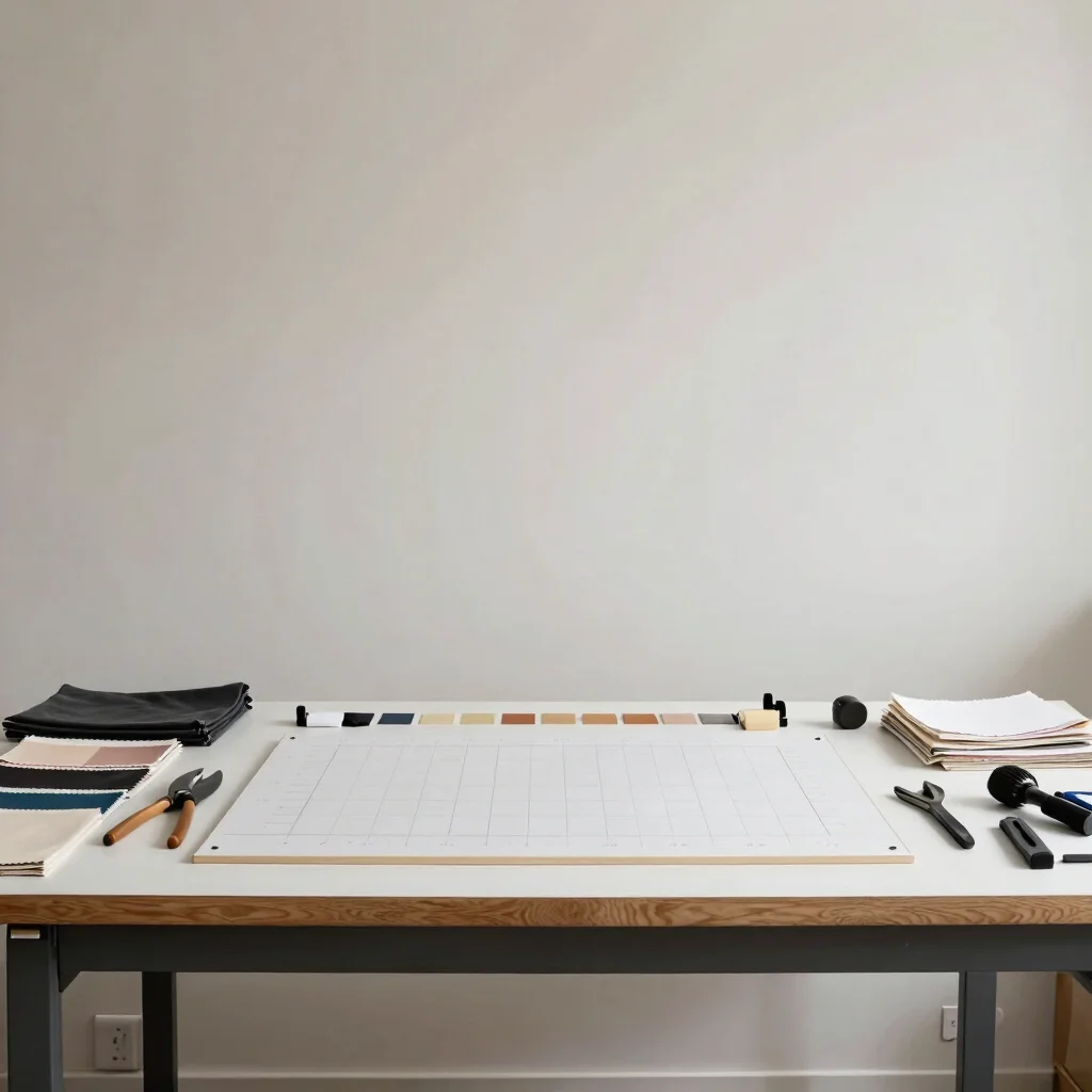 Editorial photography, soft neutral daylight, wide view of a design studio worktable with cutting tools, fabric swatches