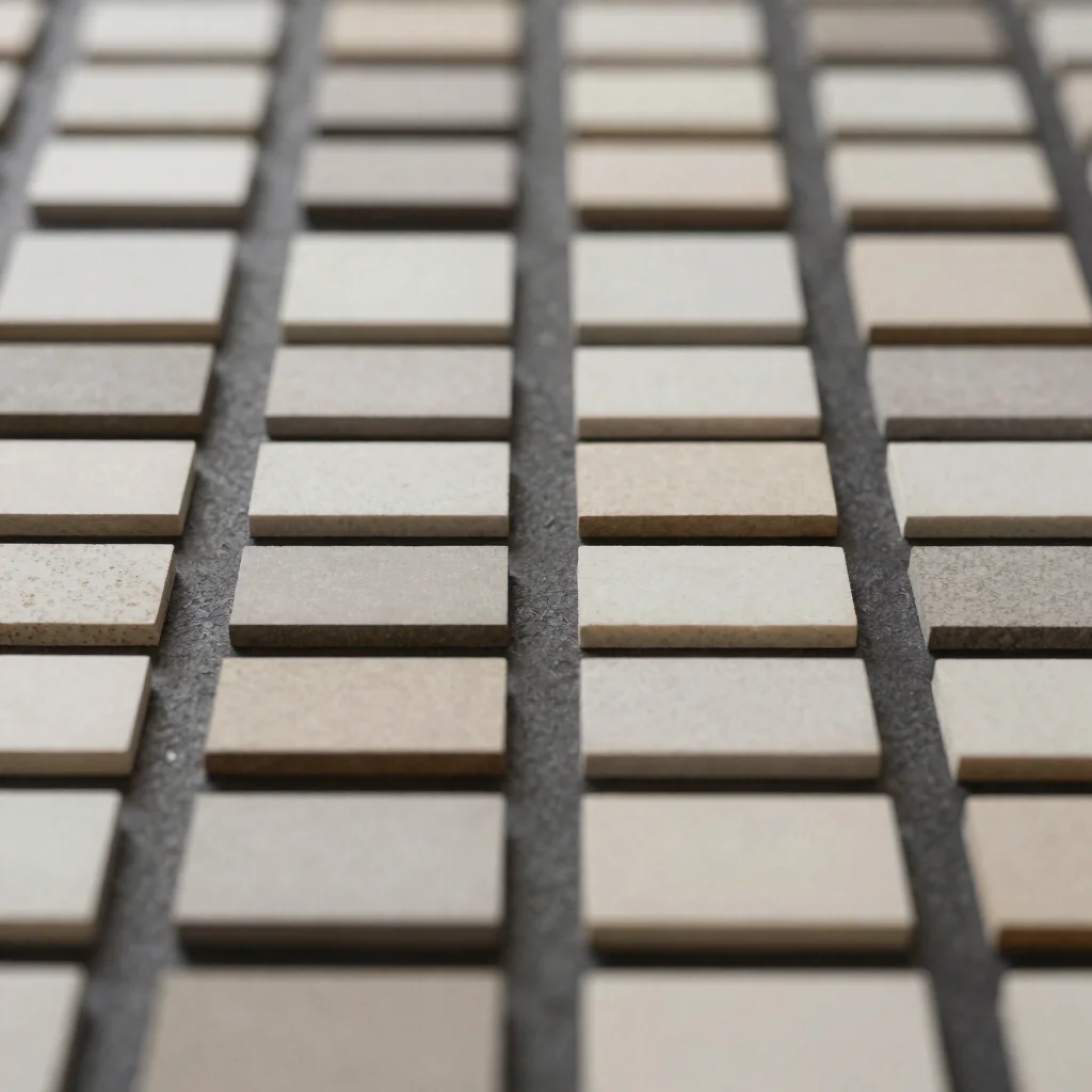 Editorial photography, soft neutral daylight, uncluttered macro of material samples laid in a neat row on a charcoal sur