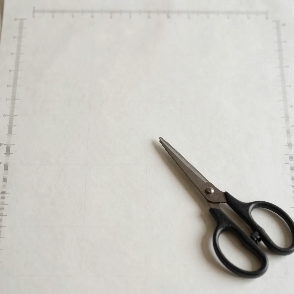 Editorial photography, soft neutral daylight, overhead view of pattern paper with measured technical lines and a pair of
