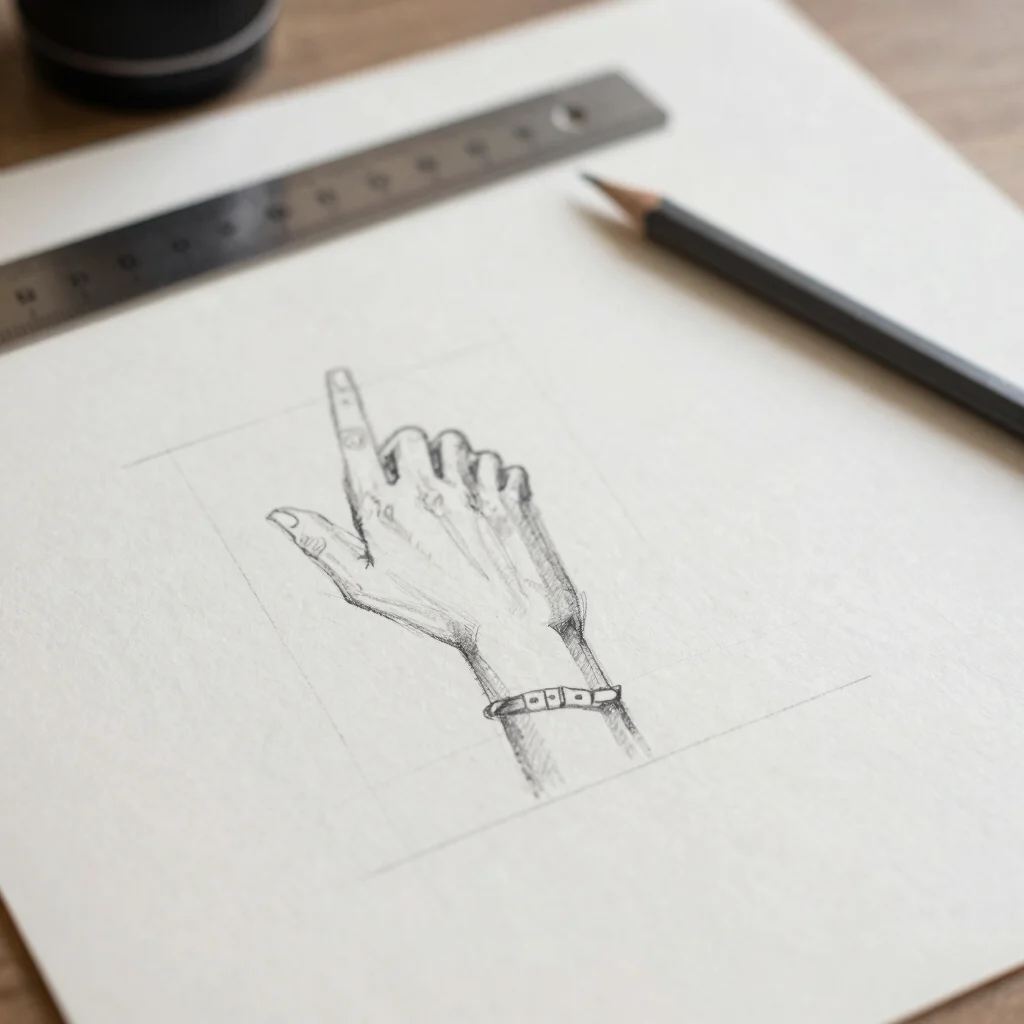Editorial photography, soft neutral daylight, uncluttered close detail of a physical design sketch on warm-white paper b